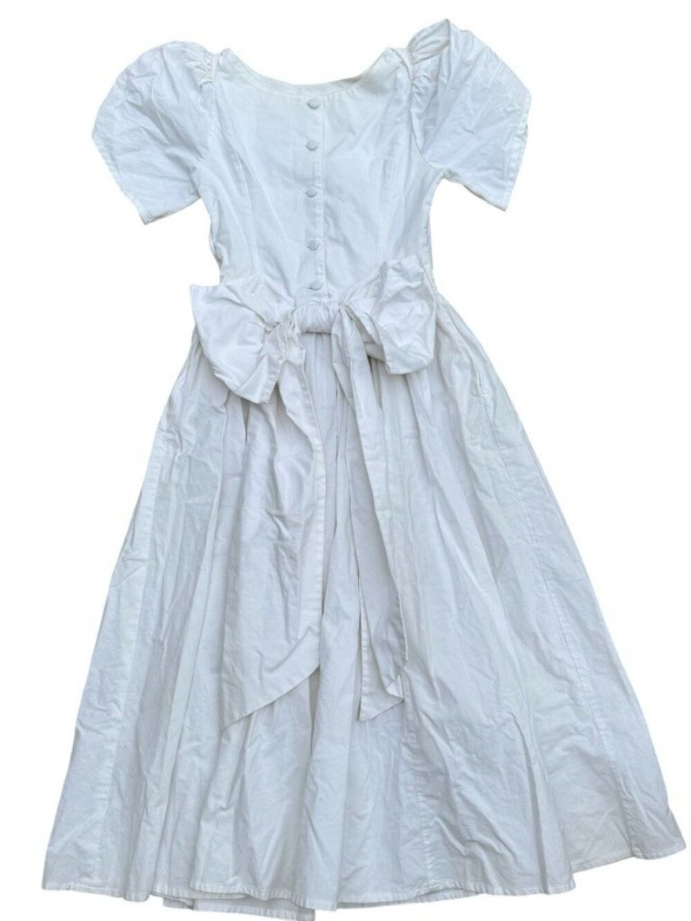 Vintage 1990s Laura Ashey White Cotton Cottagecore Bow Prairie Hippy Dress Sz 8